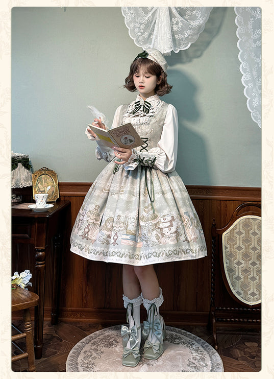 Whimsical Floral Lolita Dress – Tiered Skirt with Detachable Bows & Crisscross Ribbon Details