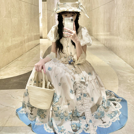 Bluebird Garden Lolita JSK – Elegant Floral Print Cla Series Dress with Waist Tie and Scalloped Hem