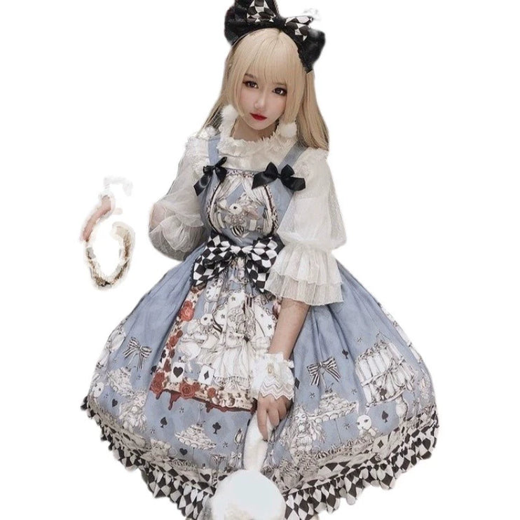 Wonderland Gothic Lolita Dress - Vintage Blue Sleeveless JSK with Harlequin Bow