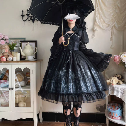 [Silent Night Church] Dark Gothic Elegance Lolita Dress with Lace and Pearl Accents