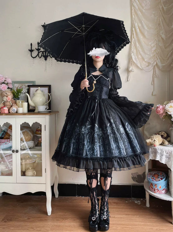 [Silent Night Church] Dark Gothic Elegance Lolita Dress with Lace and Pearl Accents