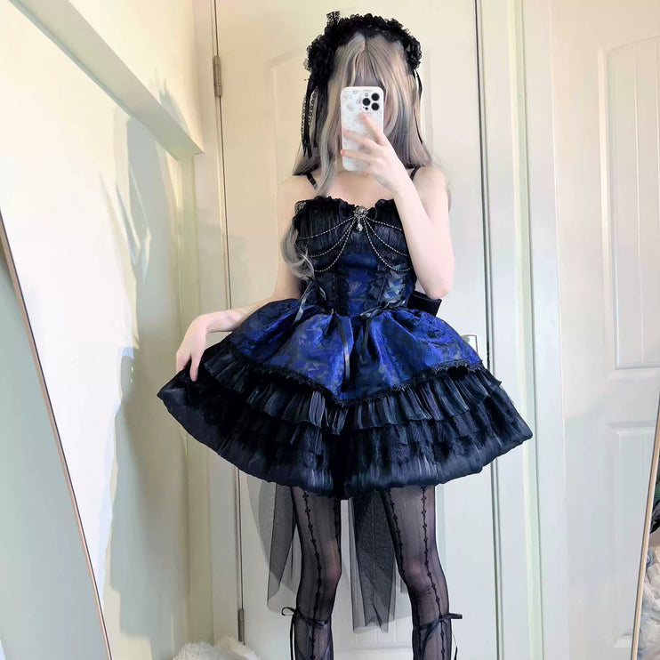 Dark Gothic JSK Lolita Dress with Baroque Lace and Embroidered Corset