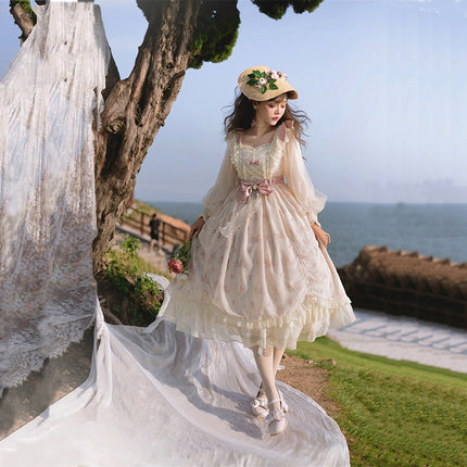Elegant Cream Lolita Dress with Floral Embroidery and Ruffled Skirt
