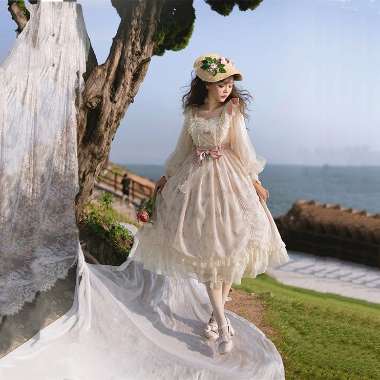 Elegant Cream Lolita Dress with Floral Embroidery and Ruffled Skirt - Perfect for Tea Parties and Special Occasions