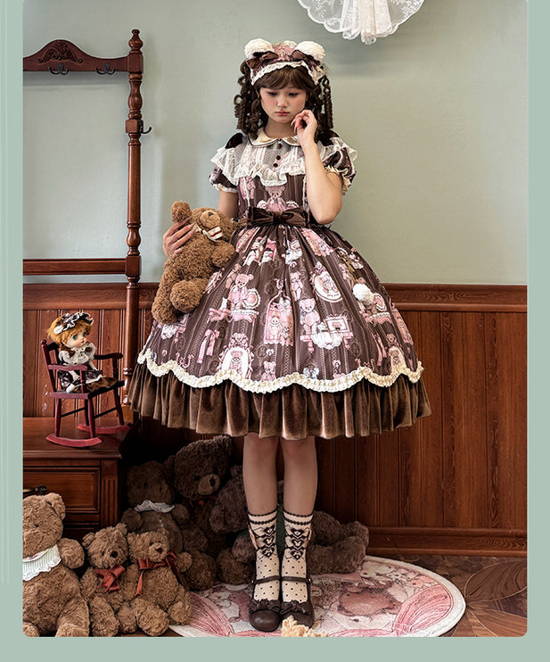 Teddy Bear Whimsy Lolita JSK Dress with Detachable Apron