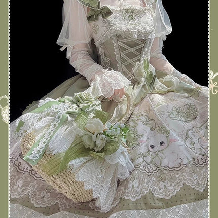 Sweet Lolita Dress - Light Green Layered Tulle Skirt with Lace & Embroidery