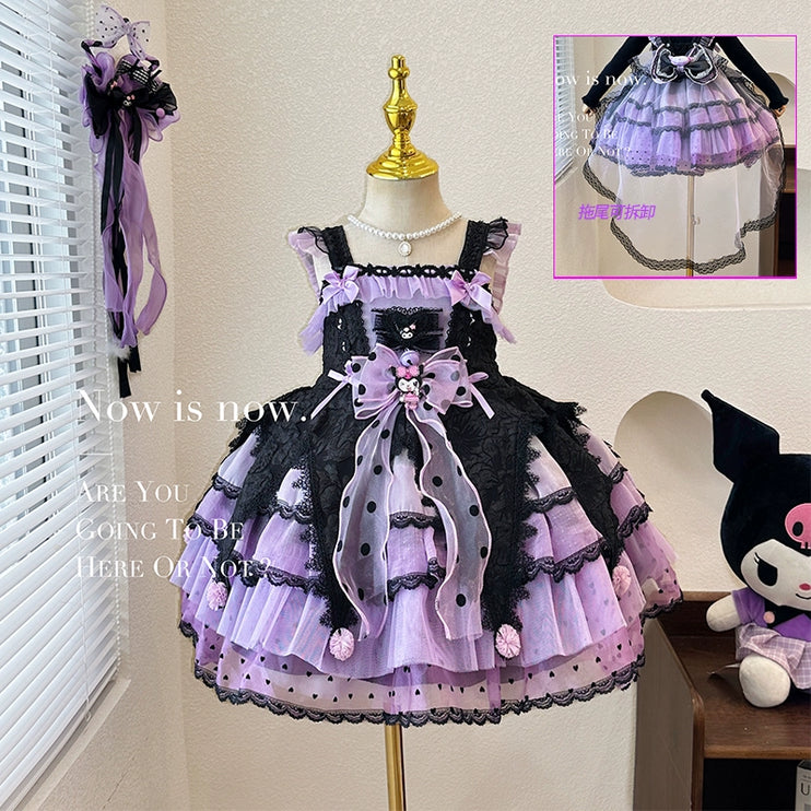 Elegant Black and Purple Lolita Dress for Girls - Intricate Lace and Ruffled Skirt