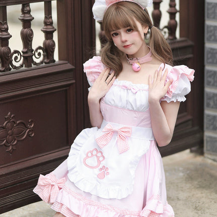 S-XXXXXL Pink Maid Cos Costume with Cat's Paw Apron OP Kitty Lolita Dress