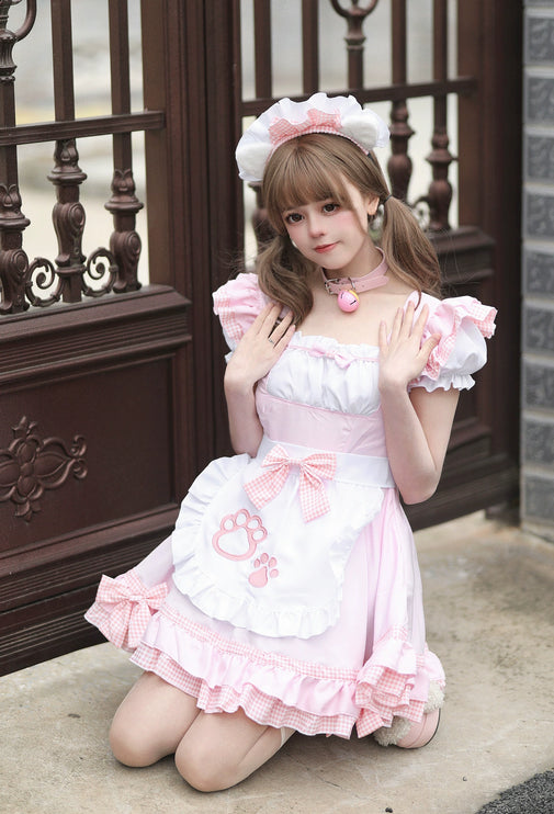 S-XXXXXL Pink Maid Cos Costume with Cat's Paw Apron OP Kitty Lolita Dress