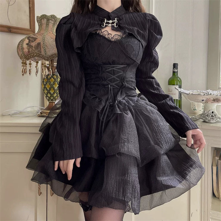 Black Gothic Lolita Dress with Corset Front, Puffy Sleeves & Tulle Layers for Girly Charm