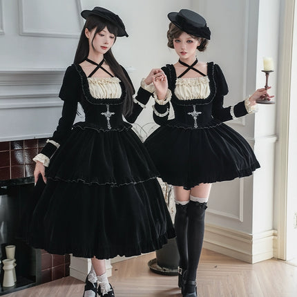 Square Neck Waist Boned Velvet OP Lolita (Gemini Winter Collection)