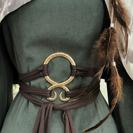 Fantasy - Style Capelet Dress with Embroidered Hem and Buckled Waist Belt