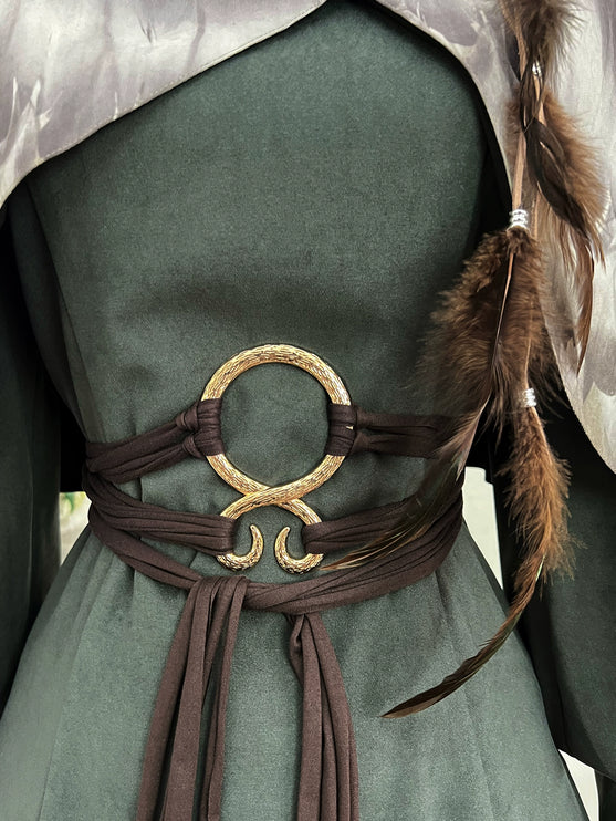 Fantasy - Style Capelet Dress with Embroidered Hem and Buckled Waist Belt