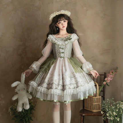 Sweet Lolita Dress - Light Green Layered Tulle Skirt with Lace & Embroidery