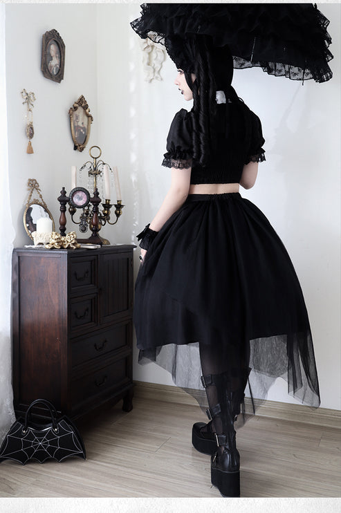 Midnight Rose Gothic Lolita Set - Embroidered Cutout Blouse with Cross and Pearl Accents