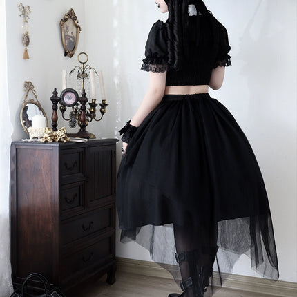 Gothic Black Rose Embroidery Cut-Out Blouse with Asymmetrical Lolita Dress Set