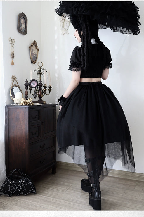 Gothic Black Rose Embroidery Cut-Out Blouse with Asymmetrical Lolita Dress Set