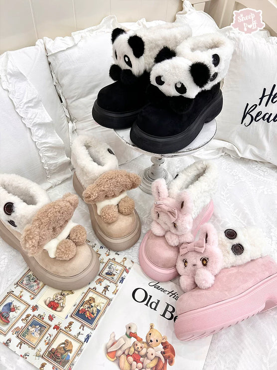 Panda - themed Fluffy Slippers with Heels and Adorable Face Designs