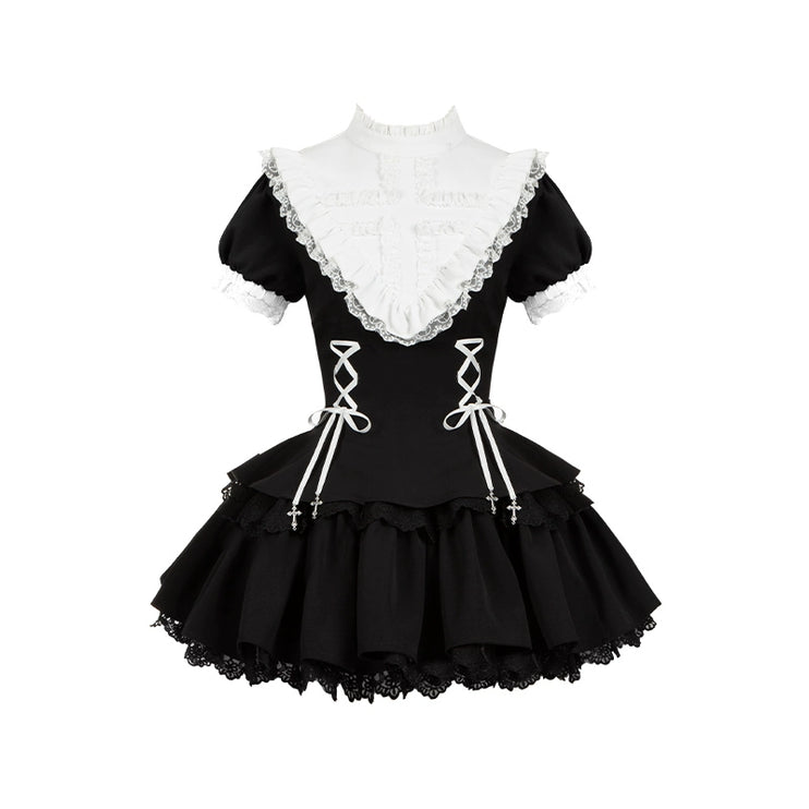 Gothic Lolita Dress with White Lace Collar, Long Sleeves and Lace - up Details