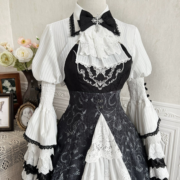 Gothic Victorian Lolita Set – High-Neck Lace Blouse & Gradient Layered JSK with Embroidered Bodice and Ruffled Sleeves