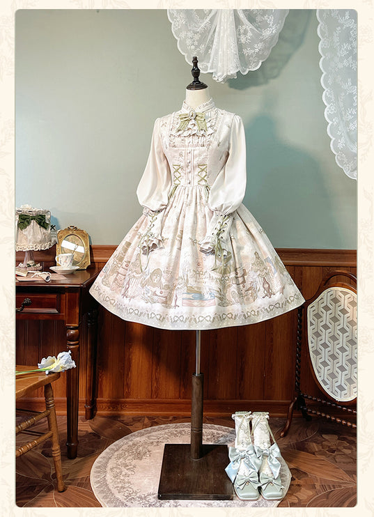 Whimsical Floral Lolita Dress – Tiered Skirt with Detachable Bows & Crisscross Ribbon Details