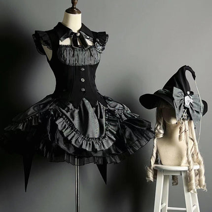 Gothic Lolita Dress with Ruffled Hem and Corset Detail