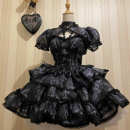 Black With Ornate White Embroidery Ballet Elegance Puffy Princess Dress Lolita JSK