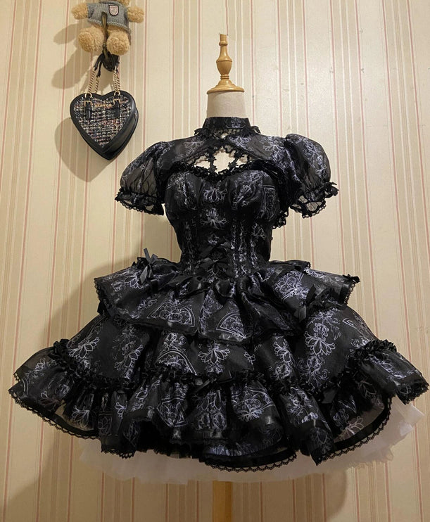 Black With Ornate White Embroidery Ballet Elegance Puffy Princess Dress Lolita JSK