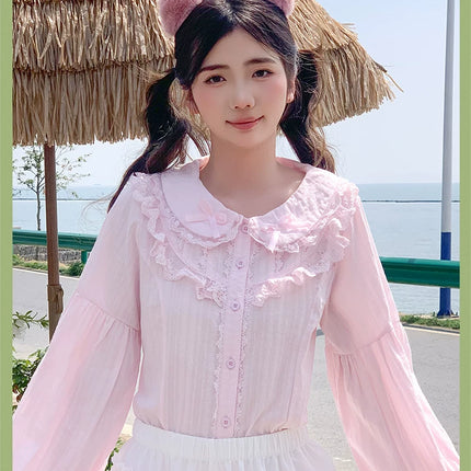 Lace - adorned Long - sleeved Blouse with Fluffy Cuffs, Exuding Delicate Femininity