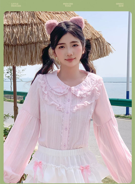 Lace - adorned Long - sleeved Blouse with Fluffy Cuffs, Exuding Delicate Femininity