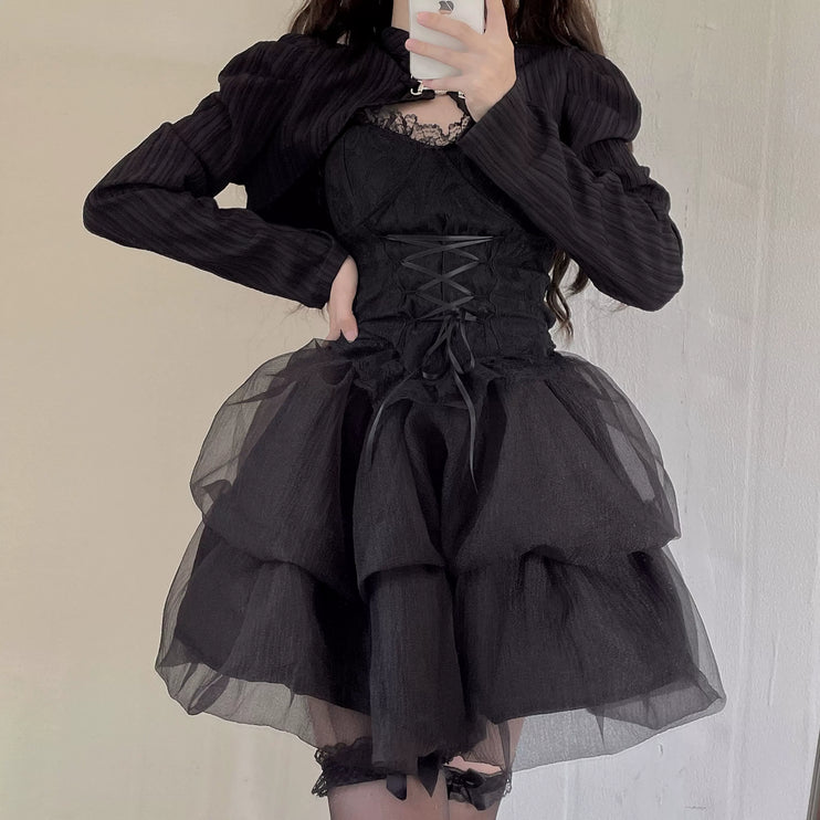 Black Gothic Lolita Dress with Corset Front, Puffy Sleeves & Tulle Layers for Girly Charm