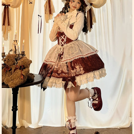 Lolita Bear Castle Doll-like True Waist JSK Jumper Dress
