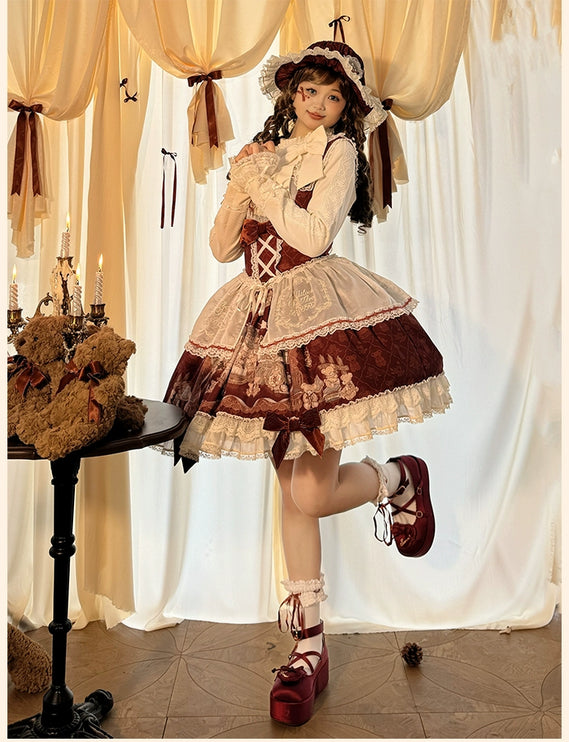 Lolita Bear Castle Doll-like True Waist JSK Jumper Dress