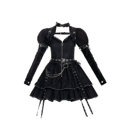 Original Punk Style JSK Corset Dress with Detachable Sleeves, Lace Trim, and Metal Chain Accents