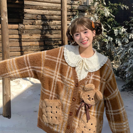 Romantic Ruffled Peter Pan Blouse, Sweet Bear Patch & Cookie Pocket Cozy Plaid Cardigan