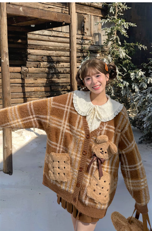Romantic Ruffled Peter Pan Blouse, Sweet Bear Patch & Cookie Pocket Cozy Plaid Cardigan