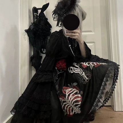 S-XL Skeleton Fishbone Skirt JSK Embroidered Beaded Dark Mysterious Dress Lolita Gown