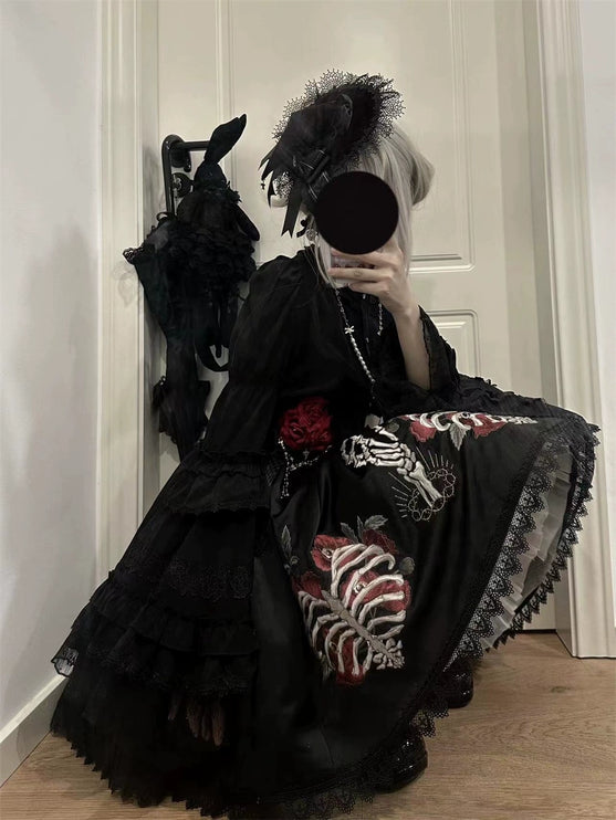 S-XL Skeleton Fishbone Skirt JSK Embroidered Beaded Dark Mysterious Dress Lolita Gown