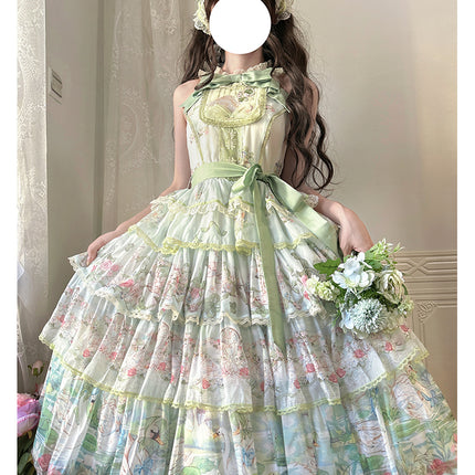 Elegant Vintage Floral Lolita JSK with Ruffled Details and Adjustable Waist Ties