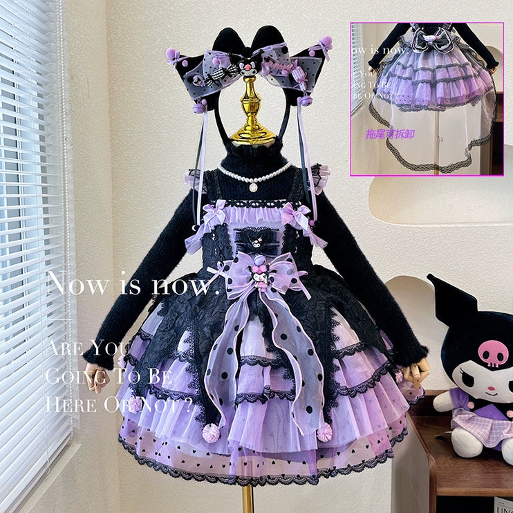 Elegant Black and Purple Lolita Dress for Girls - Intricate Lace and Ruffled Skirt