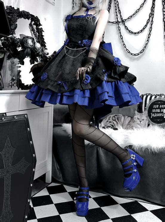 Gothic Rose Witch Lolita Dress - Dark Elegance JSK with Chain and Velvet Bow Accents