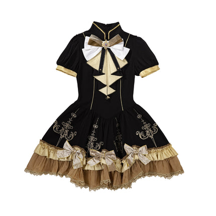 Steampunk - inspired Lolita Dress with Georgette Skirt, Elegant Bow - ties and Intricate Embroidery