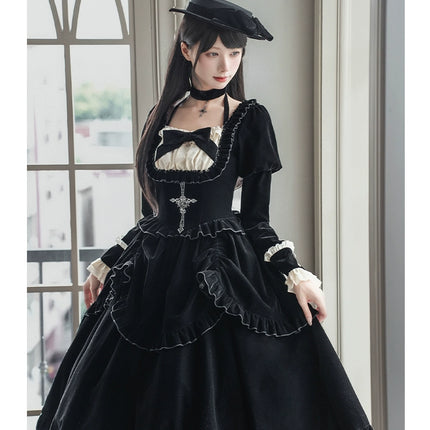 Square Neck Waist Boned Velvet OP Lolita (Gemini Winter Collection)