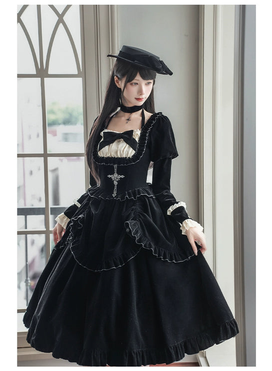 Square Neck Waist Boned Velvet OP Lolita (Gemini Winter Collection)