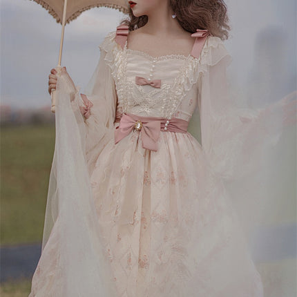Elegant Cream Lolita Dress with Floral Embroidery and Ruffled Skirt