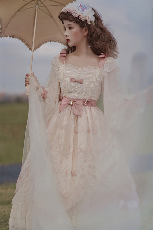 Elegant Cream Lolita Dress with Floral Embroidery and Ruffled Skirt