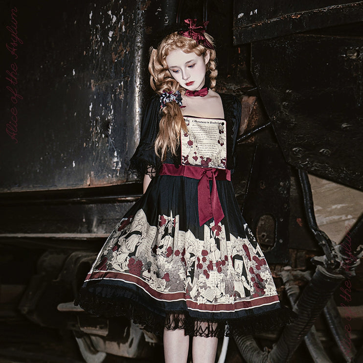 Dark Wonderland Asylum Lolita Dress - Gothic OP with Velvet Ribbon and Eerie Storybook Print