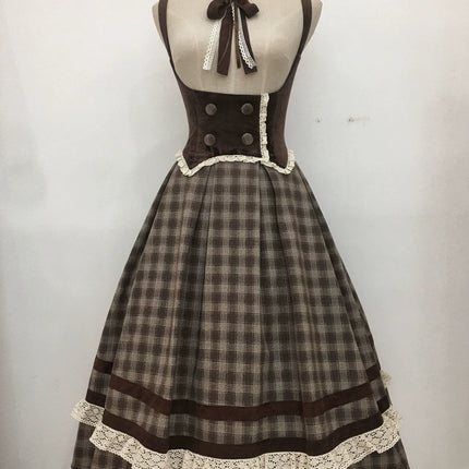 Vintage - style Plaid Suspender Skirt with Lace Trims and Button - up Bodice