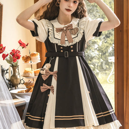 Cocoa Charm Lolita Dress - Elegant Short Sleeve OP with Striped Bow and Teddy Accent