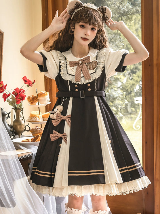 Cocoa Charm Lolita Dress - Elegant Short Sleeve OP with Striped Bow and Teddy Accent